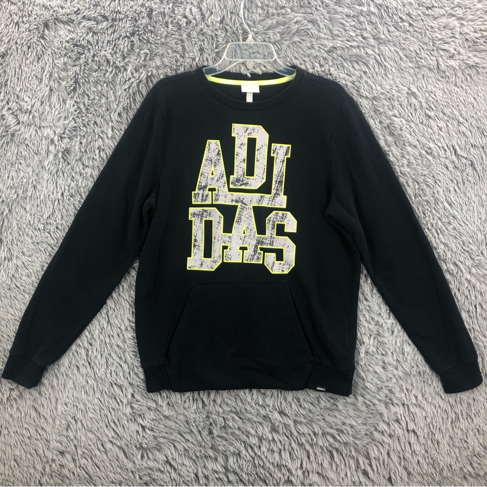 Adidas Sweatshirt Mens Large Neo Black Grey Spellout Soft Kangaroo Pocket
